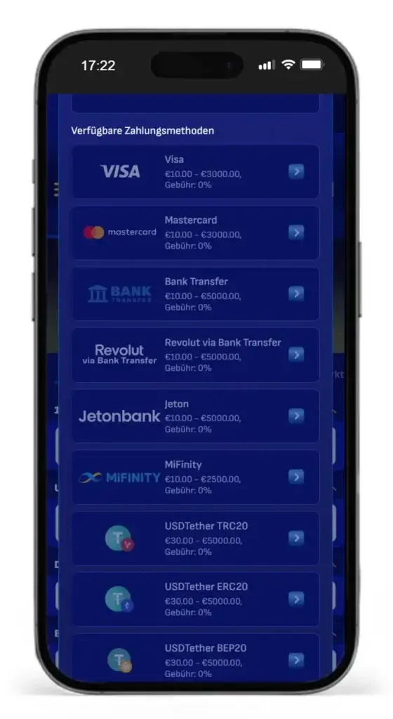 Auszug aus den Auszahlungsmethoden mit jeweiligen Limits beim Wettanbieter Wonaco