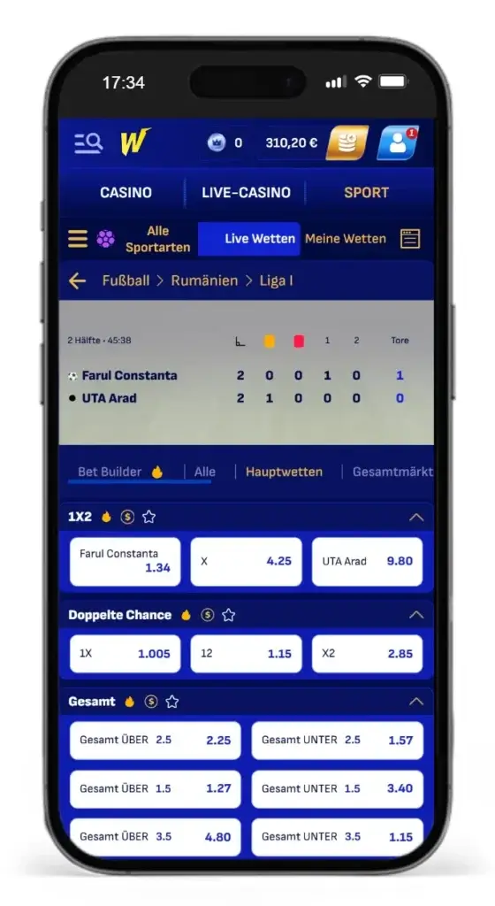 Einblick in die Auswahl an Live Wetten auf das Fussballspiel zwischen Faruk Constanta und UTA Arad in der ersten rumaenischen Liga mit Statistiken bei Wonaco