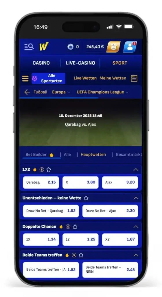 Einblick in die Wettquoten beim UEFA Champions League Spiel Qarabag gegen Ajax vom Online Wettanbieter Wonaco