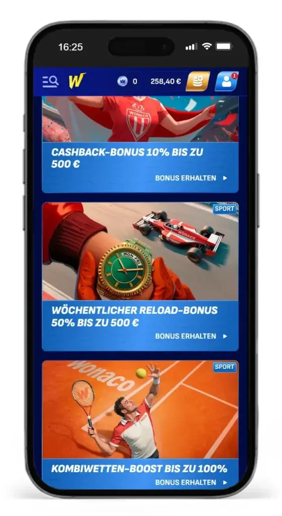 Auszug aus dem Bonusprogramm fuer Sportwetten vom Wettanbieter Wonaco