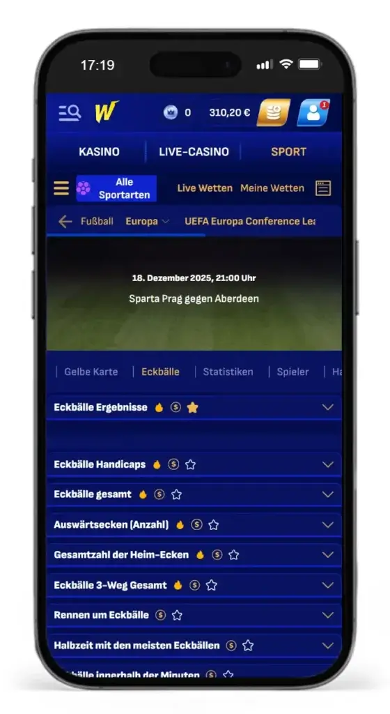 Einblick in die Auswahl an Ecken Wetten bei Wonaco auf das UEFA Europa Conference League Spiel Sparta Prag gegen Aberdeen
