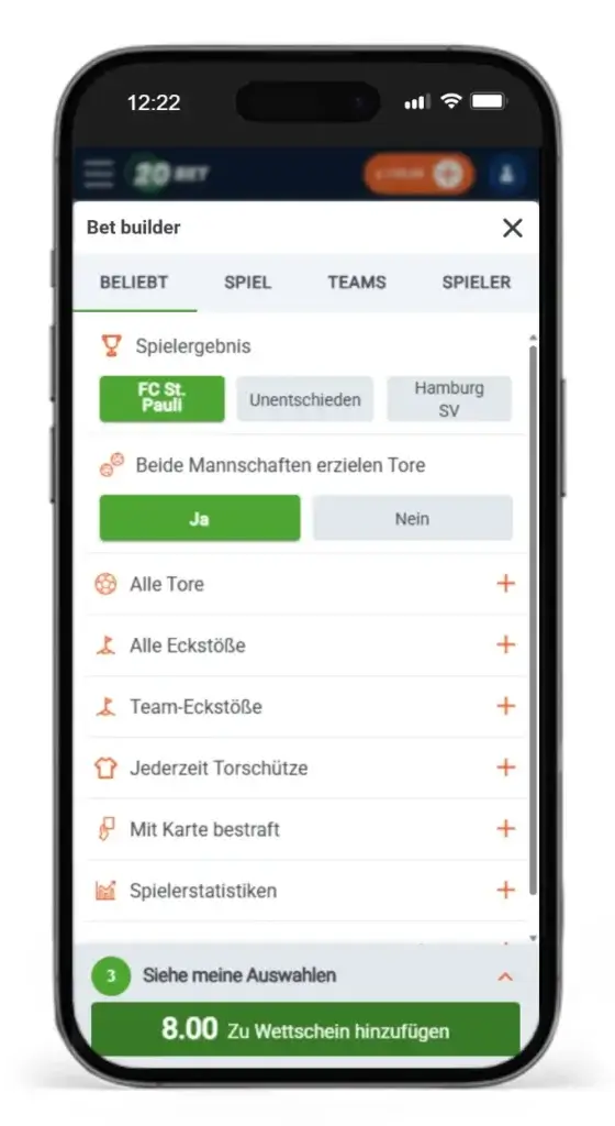 Wettauswahl bei einem Fussballspiel mit der Bet Builder Funktion von 20Bet