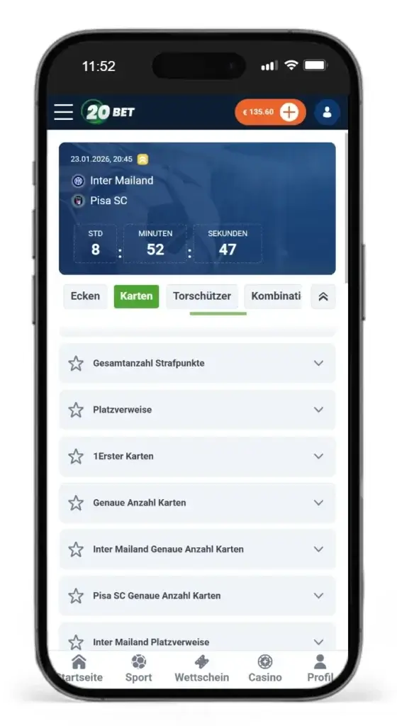 Auswahl an Spezialwetten bei einem Fussballspiel wie Wetten auf Karten und Ecken von 20Bet