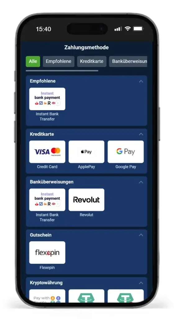 Zahlungsportfolio fuer Sportwetten-Einzahlungen bei 20Bet