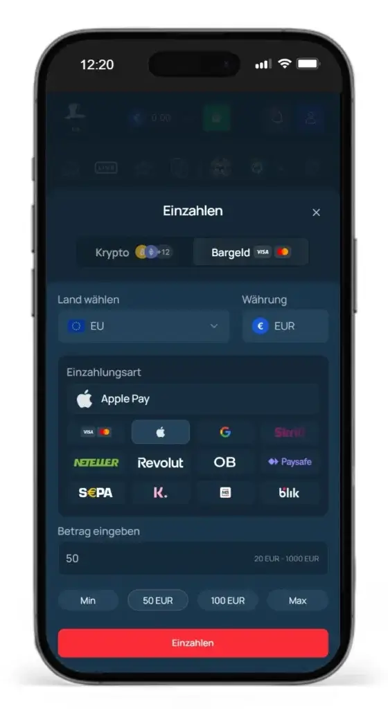 Einzahlung beim Apple Pay Wettanbieter FortuneJack