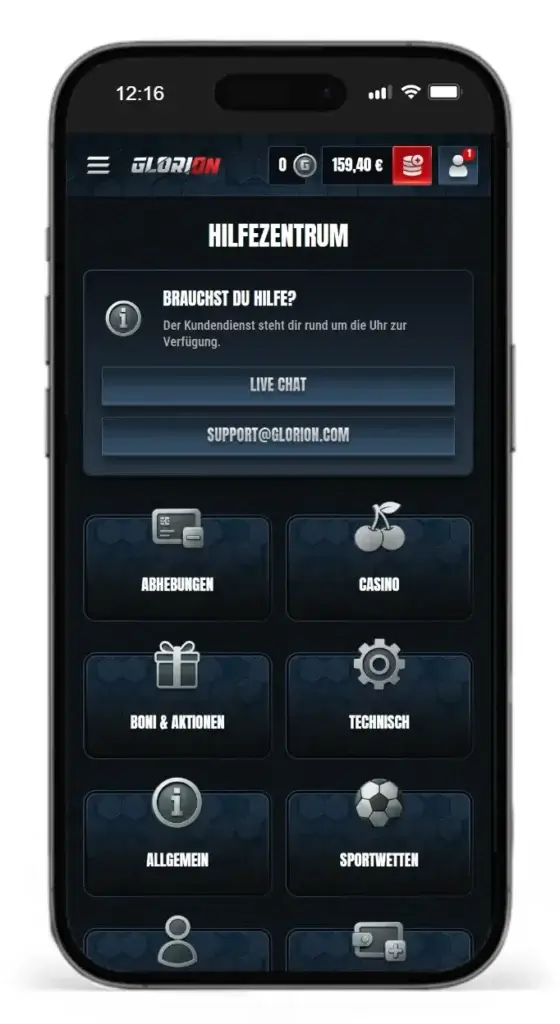 Hilfezentrum mit FAQ und Kontaktdaten des Kundensupports vom Wettanbieter Glorion