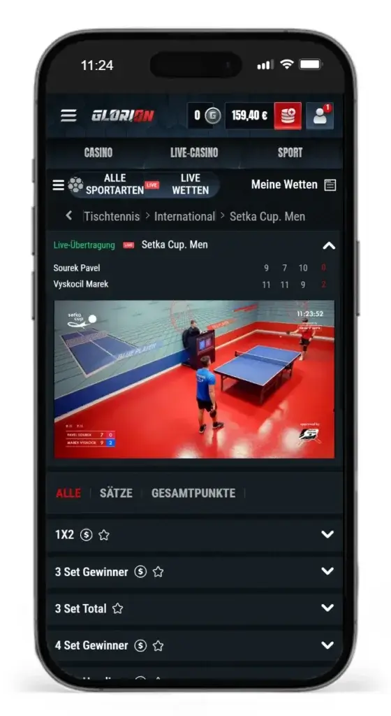 Live-Uebertragung eines Tischtennis-Spiels fuer Livewetten bei Glorion