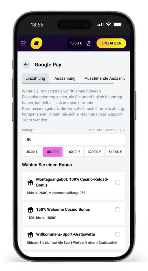 Einzahlung fuer Sportwetten mit Google Pay bei CasinoLoots