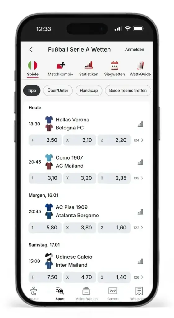 Quoten fuer Wetten auf Fussballspiele der italienischen Liga Serie A von Tipico