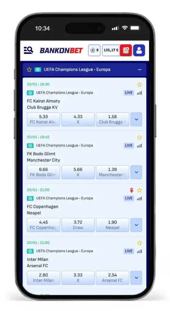 Fussball Champions League Quoten von Bankonbet