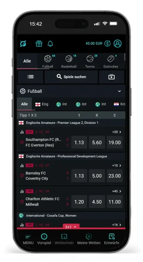 Einblick in das Livewetten Angebot von CosmoBet
