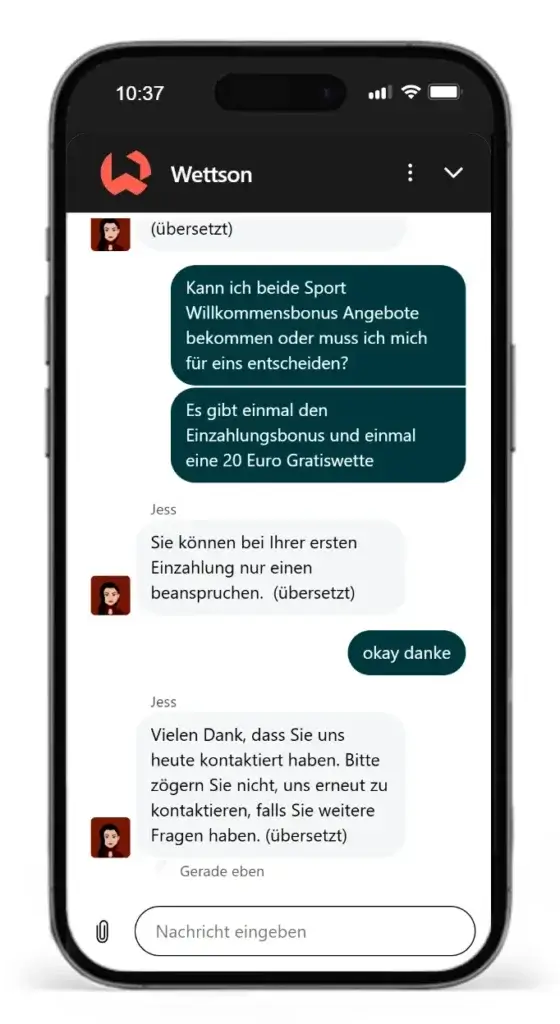 Live Chat mit Kundendienstmitarbeiter von Wettson