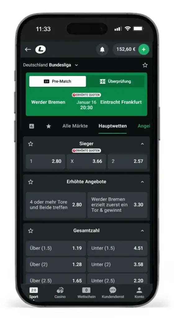 Quotenboost auf das Bundesligaspiel zwischen Werder Bremen und Eintracht Frankfurt