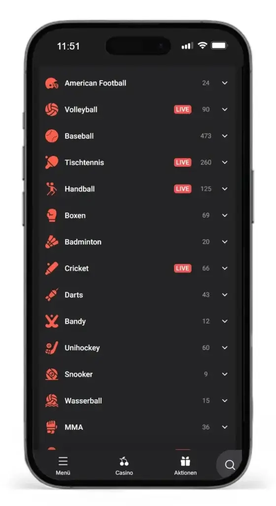 Auszug aus den verfuegbaren Sporarten fuer Sportwetten bei Wettson