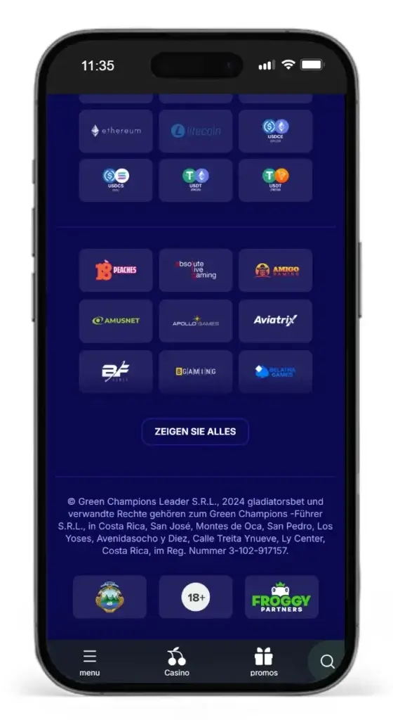 Footer der Wettseite Gladiatorsbet mit Angaben zur Lizenz und zum Betreiber