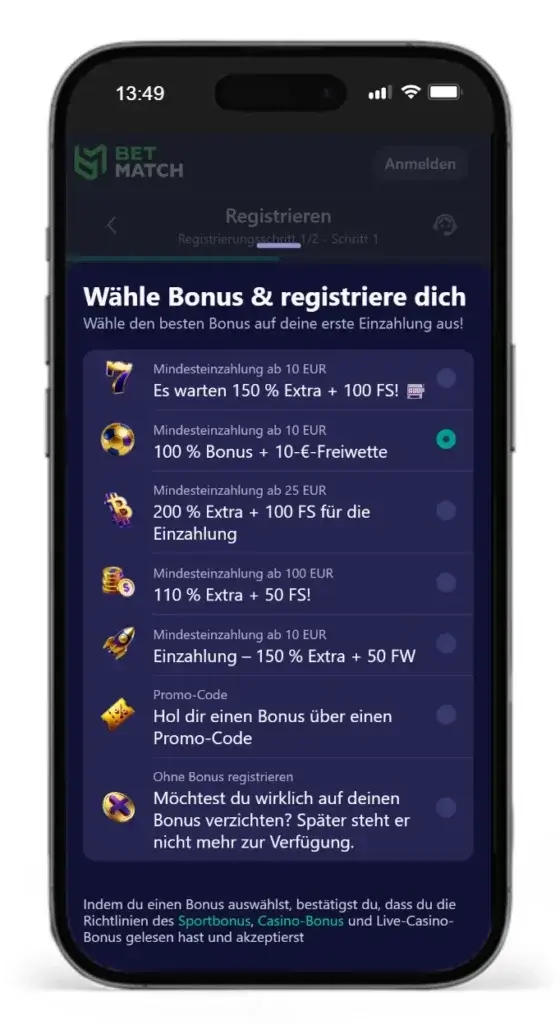 Auswahl an Willkommensbonus-Angeboten vom Wettanbieter Betmatch