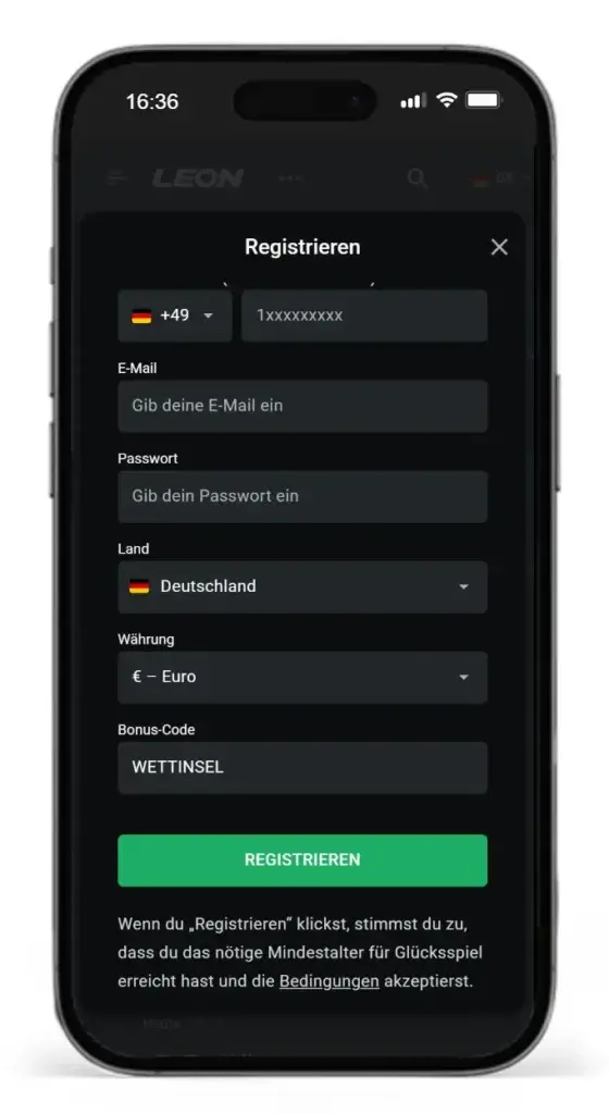 Registrierung bei Leonbet mit Code WETTINSEL
