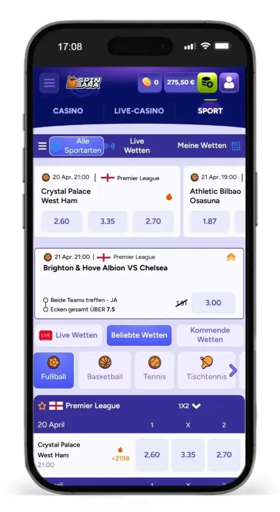 Auszug beliebter Sportwetten bei Spinbara
