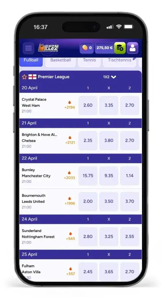 Premier League Quoten bei Spinbara