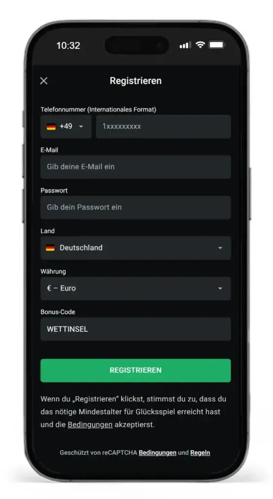 Registrierung mit Bonuscode fuer einen exklusiven Sportwetten Bonus bei der Oddset Alternative Leonbet