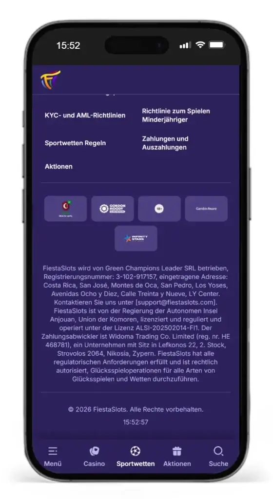 Footer von Fiestaslots mit Angaben zur Sportwettenlizenz und zum Betreiberunternehmen