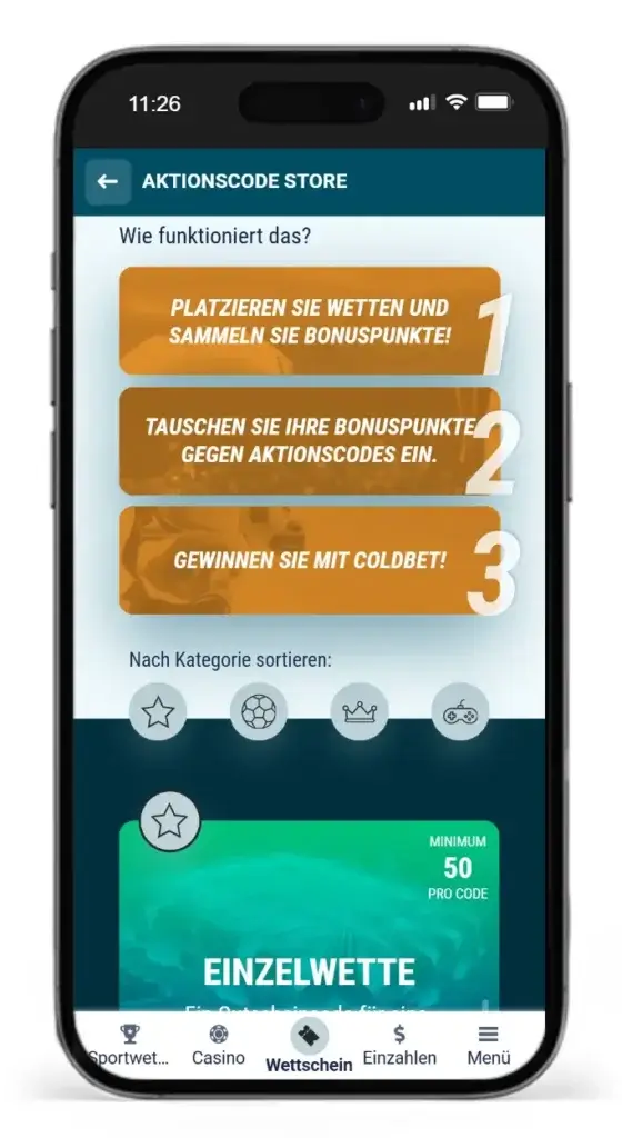 Aktionscode-Store fuer Sportboni von Coldbet