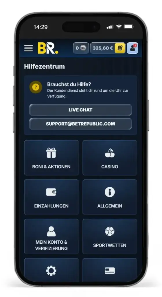 FAQ mit Kontaktoptionen von BetRepublic