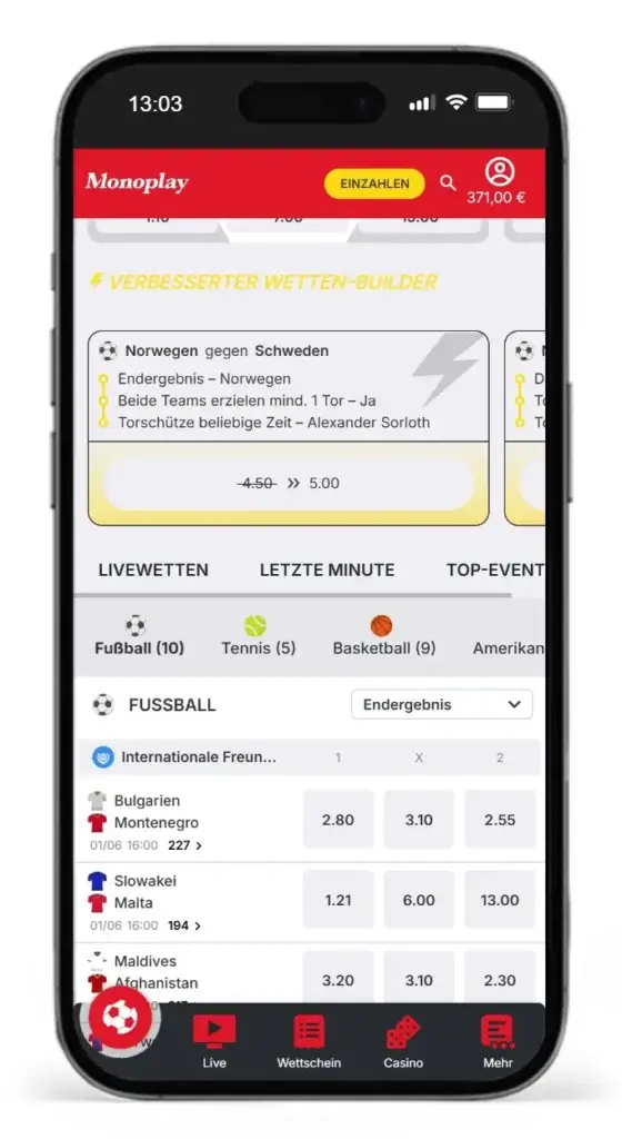 Eindruck vom Wettangebot von Monoplay