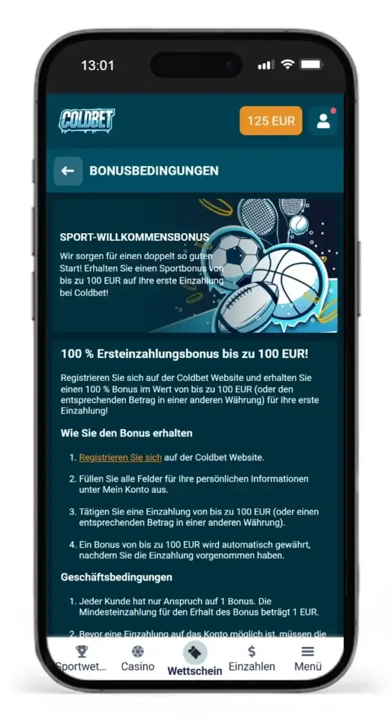 Willkommensbonus fuer Sportwetten von Coldbet