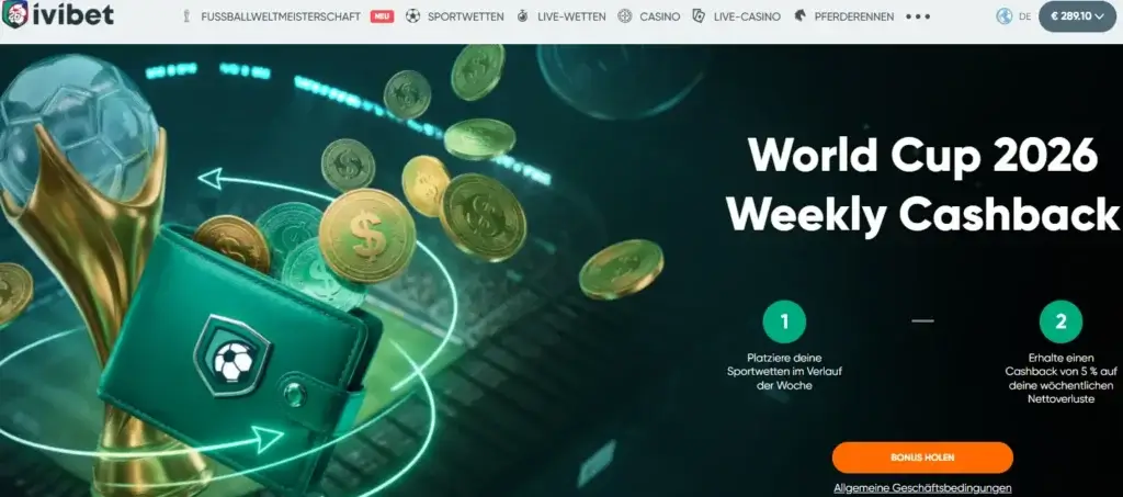 Cashback Bonus von Ivibet fuer Wetten auf die Fussballweltmeisterschaft 2026
