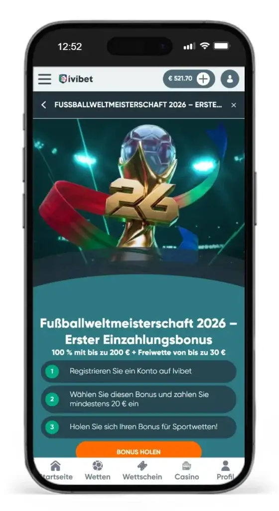 Ersteinzahlungsbonus für Sportwetten zur Fussballweltmeisterschaft 2026 von Ivibet