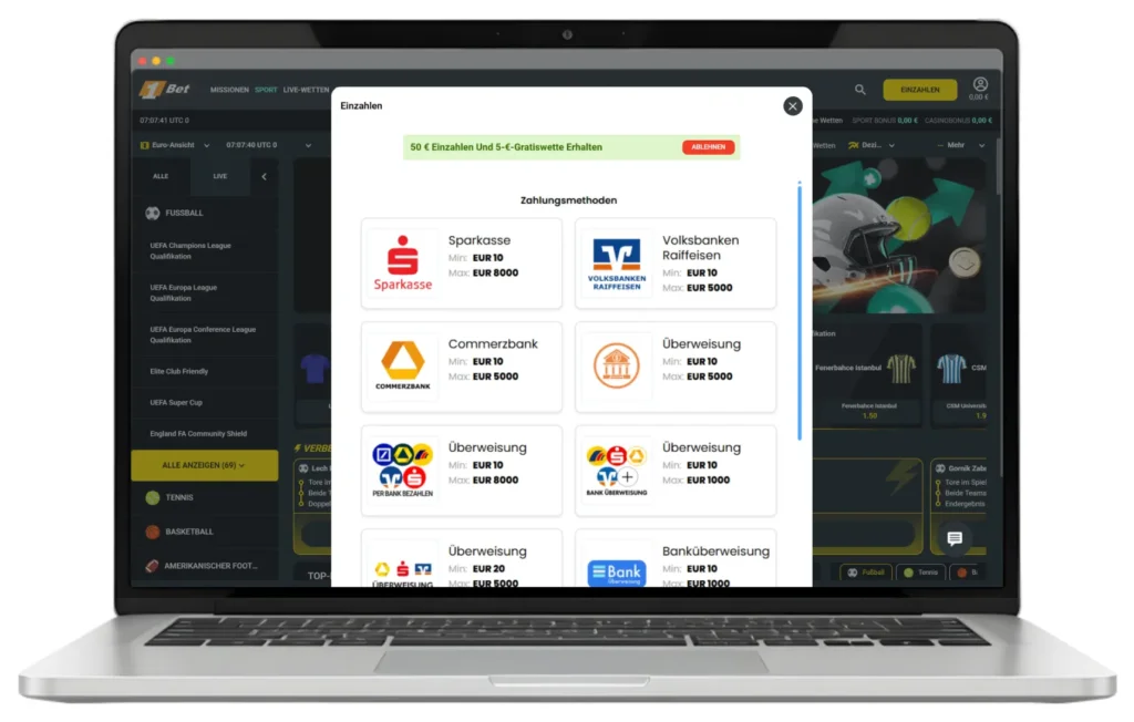 Einblick in die Zahlungsmethoden für Online Sportwetten bei 1Bet