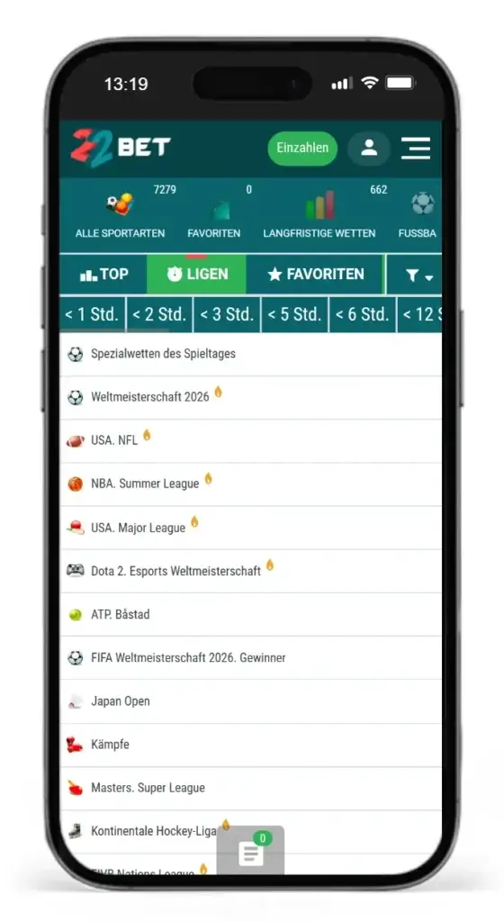Einblick in verfuegbare Ligen und Sportarten fuer Sportwetten bei 22bet
