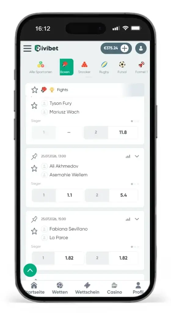 Auswahl an Kaempfen fuer Boxen Wetten bei Ivibet