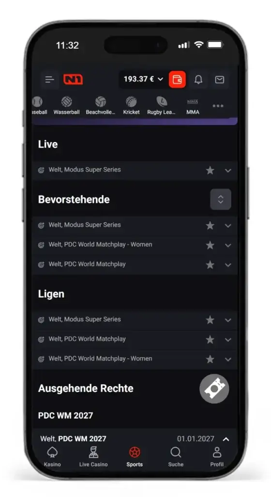 Ligen fuer Darts Wetten bei N1 Bet