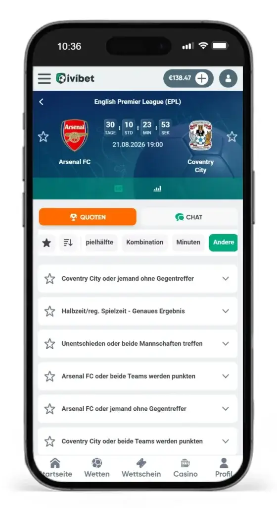 Auswahl an Fussball Wetten bei Ivibet