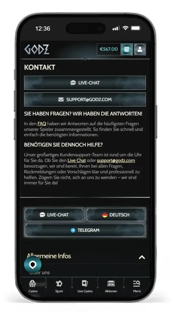 Kontaktwege des Kundensupport von Godz