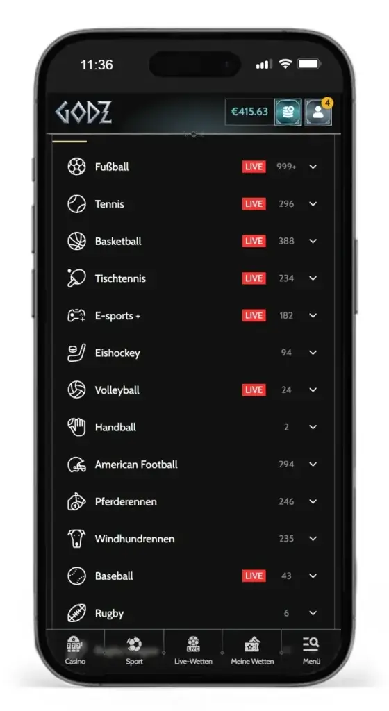 Auswahl an Sportarten fuer Online Sportwetten bei Godz