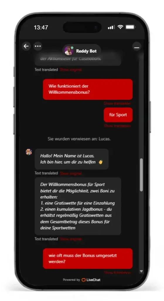 Kundenbetreuung im Live Chat vom neuen Wettanbieter Redracer