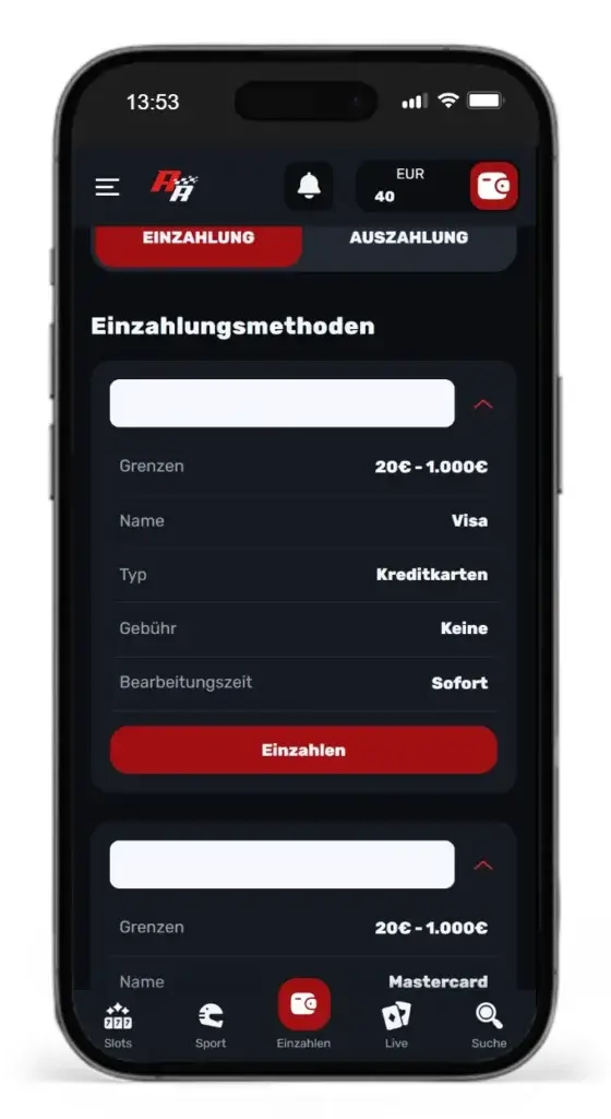 Einzahlungsmethoden fuer Online Sportwetten bei Redracer