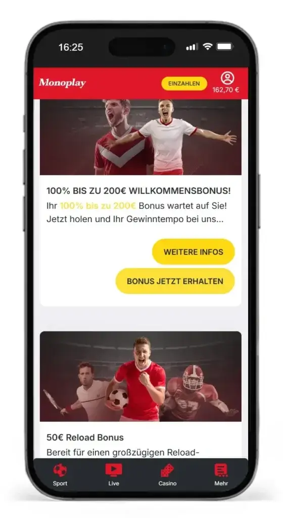 Sportwetten Bonus fuer Neukunden und Reload Bonus fuer Stammspieler gibt es bei Monoplay
