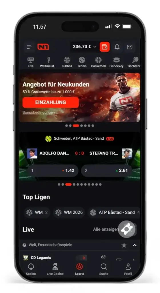 Willkommensbonus von N1 Bet fuer Sportwetten ohne OASIS