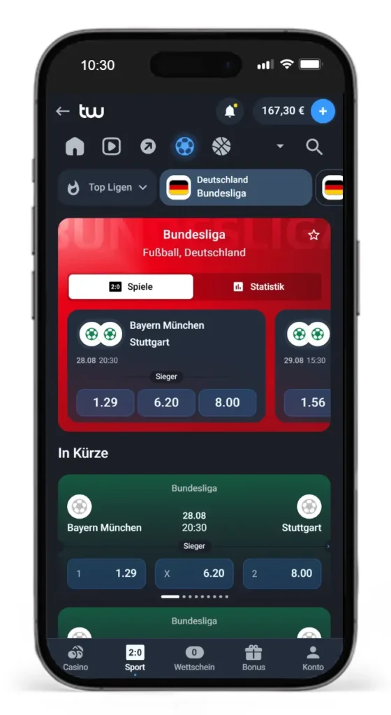 Mobile Ansicht der Wettseite von Twin