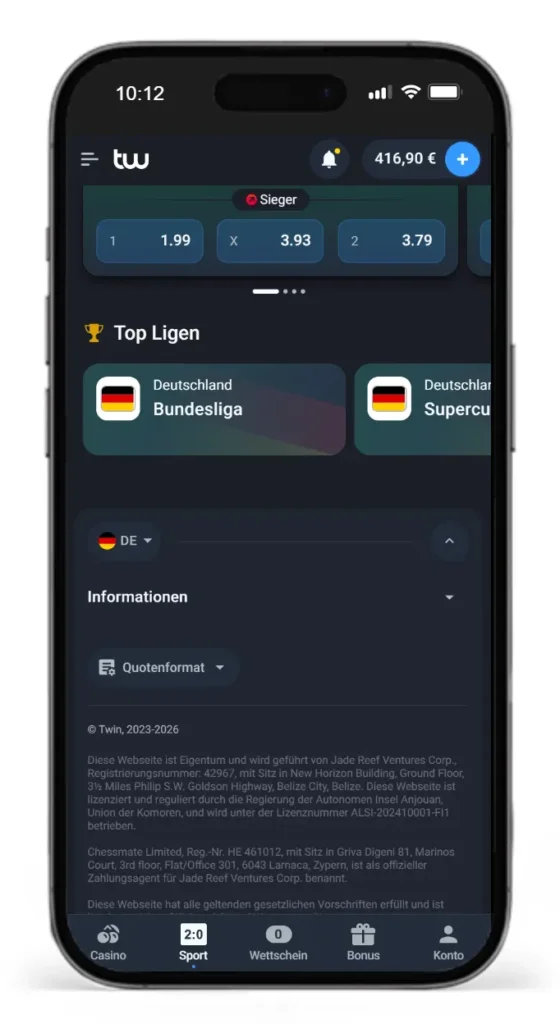 Footer des Sportwetten Anbieters Twin mit Angaben zum Betreiber und zur Sportwettenlizenz