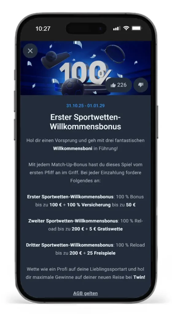 Willkommensbonus fuer Sportwetten von Twin
