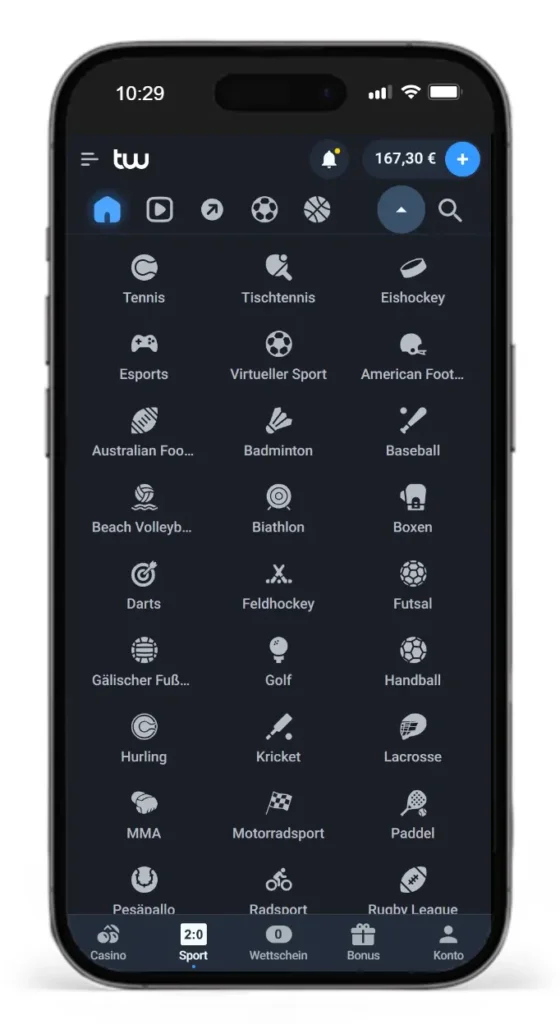 Auszug aus den verfuegbaren Sportarten fuer Online Sportwetten bei Twin