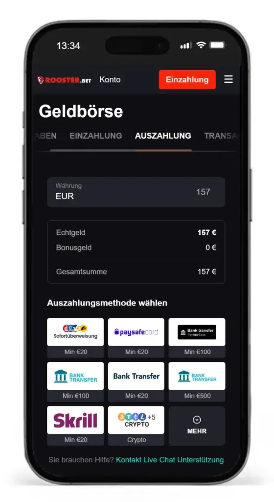 Zahlungsmethoden vom Wettanbieter mit schneller Auszahlung RoosterBet