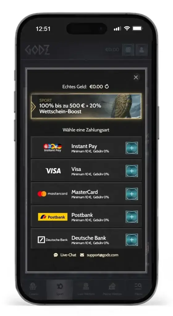 Einzahlungsmethoden fuer Online Sportwetten mit Godz
