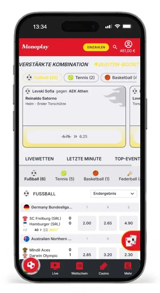 Taegliche Quotenboosts bei Monoplay sorgen im Wettquoten Vergleich fuer Bestwerte