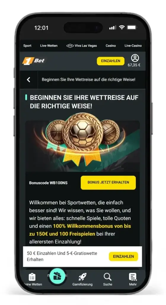 Der Willkommensbonus Aktionscode fuer Sportwetten von 1Bet lauetet WB100NS
